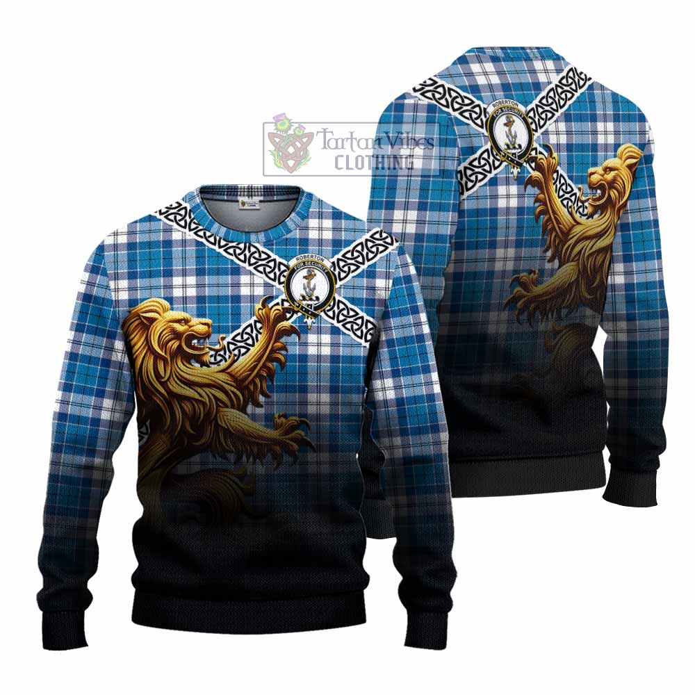 Roberton Crest Tartan Knitted Sweater with Golden Lion Emblem Celtic Style - Tartan Vibes Clothing