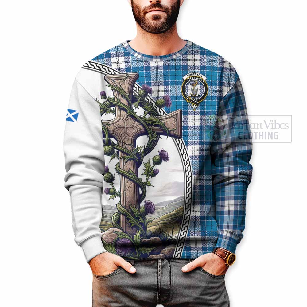 Roberton Tartan Sweatshirt with Family Crest and St. Andrew's Cross Accented by Thistle Vines - Tartan Vibes Clothing