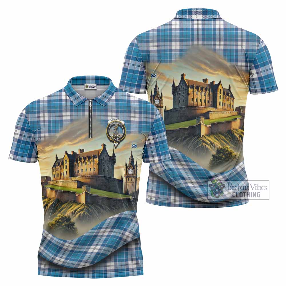 Roberton Tartan Family Crest Zipper Polo Shirt with Scottish Ancient Castle Style - Tartan Vibes Clothing
