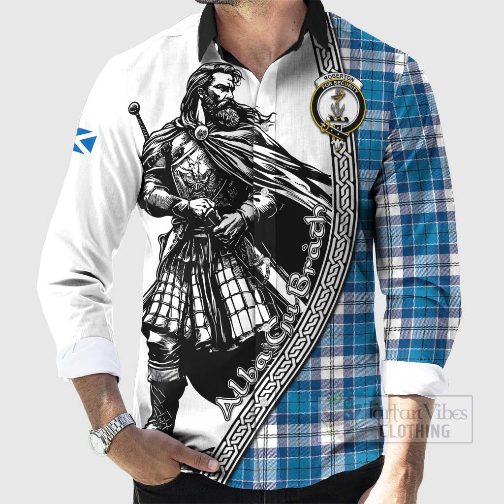 Roberton Tartan Clan Crest Long Sleeve Button Shirt with Highlander Warrior Celtic Style - Tartan Vibes Clothing