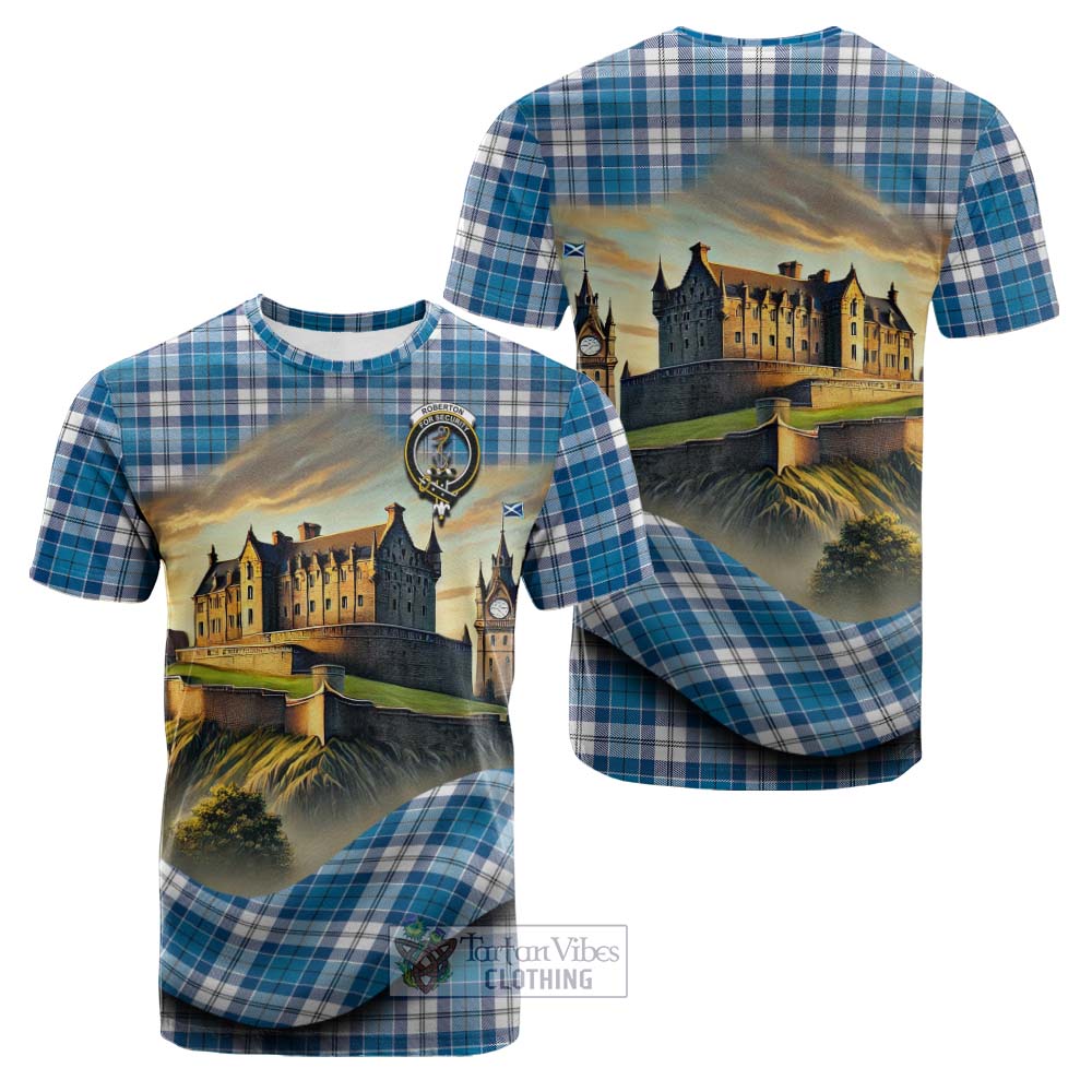 Roberton Tartan Family Crest Cotton T-shirt with Scottish Ancient Castle Style - Tartan Vibes Clothing