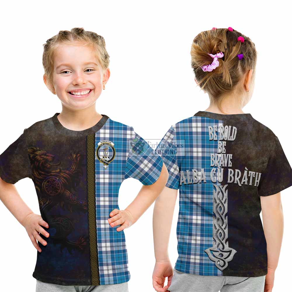 Tartan Vibes Clothing Roberton Tartan Family Crest Kid T-Shirt Alba Gu Brath Be Brave Lion Ancient Style