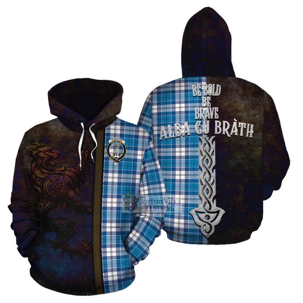 Tartan Vibes Clothing Roberton Tartan Family Crest Cotton Hoodie Alba Gu Brath Be Brave Lion Ancient Style