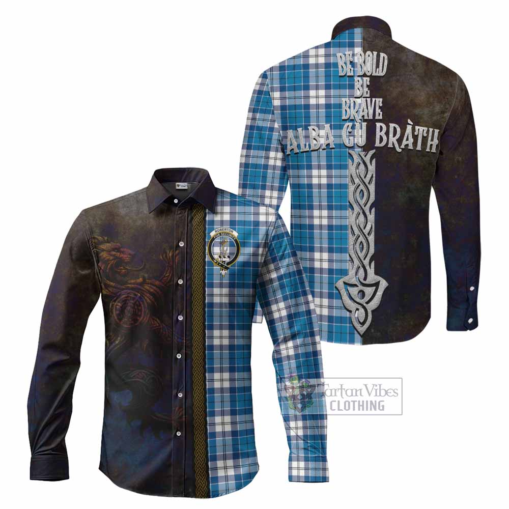 Tartan Vibes Clothing Roberton Tartan Family Crest Long Sleeve Button Shirt Alba Gu Brath Be Brave Lion Ancient Style