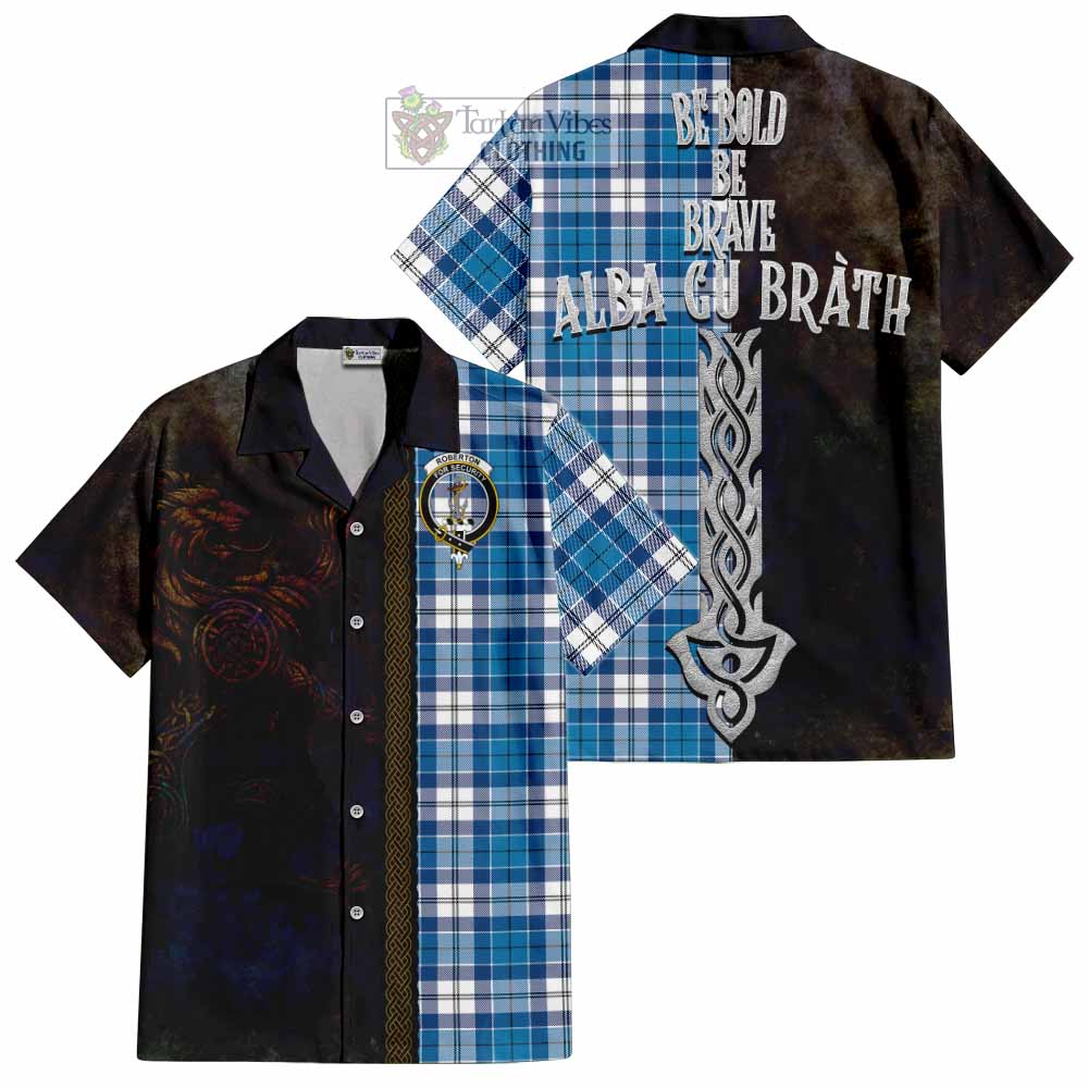 Tartan Vibes Clothing Roberton Tartan Family Crest Short Sleeve Button Shirt Alba Gu Brath Be Brave Lion Ancient Style