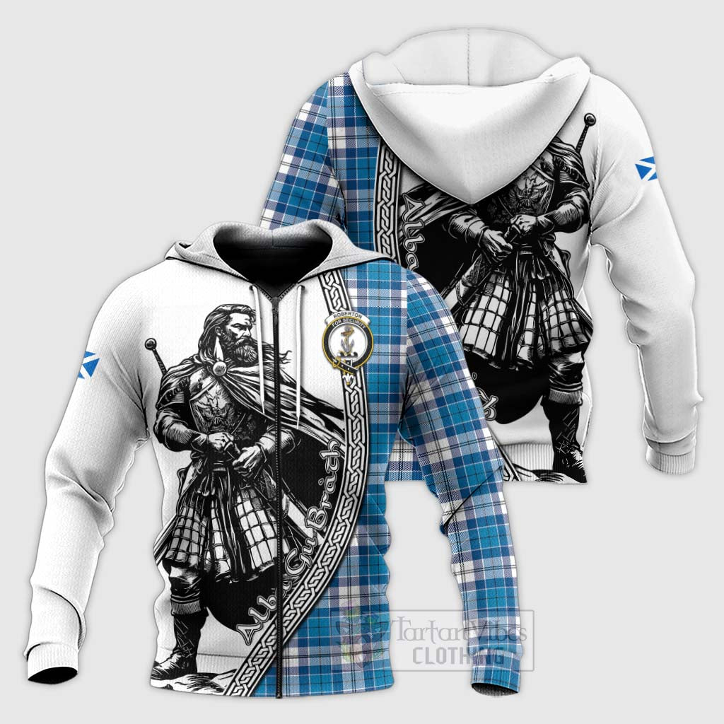 Roberton Tartan Clan Crest Knitted Hoodie with Highlander Warrior Celtic Style Unisex Knitted Zip Hoodie - Tartan Vibes Clothing