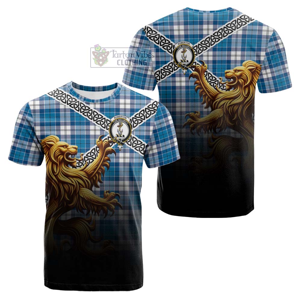 Roberton Crest Tartan Cotton T-shirt with Golden Lion Emblem Celtic Style - Tartan Vibes Clothing