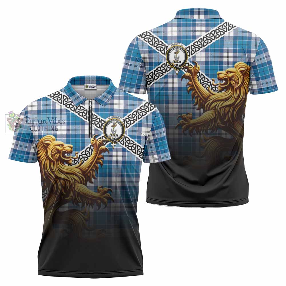 Roberton Crest Tartan Zipper Polo Shirt with Golden Lion Emblem Celtic Style - Tartan Vibes Clothing
