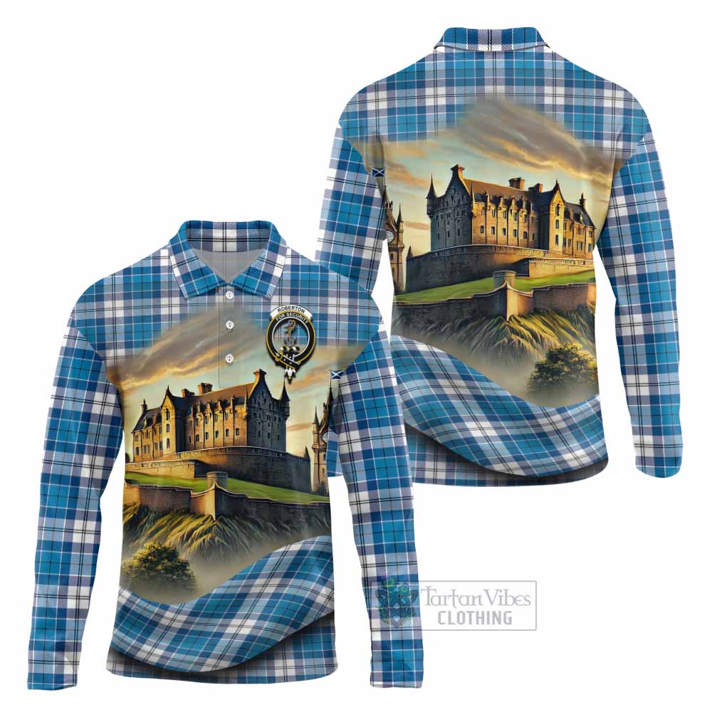 Roberton Tartan Family Crest Long Sleeve Polo Shirt with Scottish Ancient Castle Style - Tartan Vibes Clothing