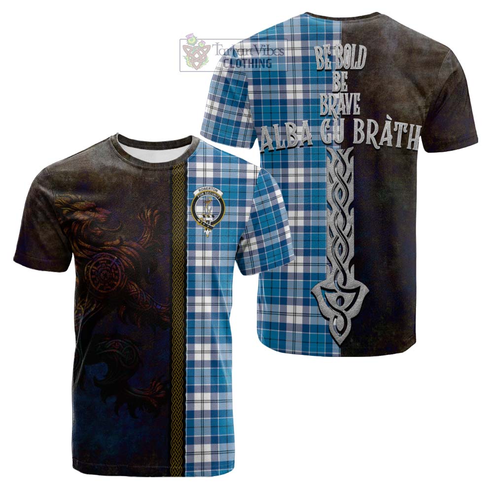 Tartan Vibes Clothing Roberton Tartan Family Crest Cotton T-shirt Alba Gu Brath Be Brave Lion Ancient Style