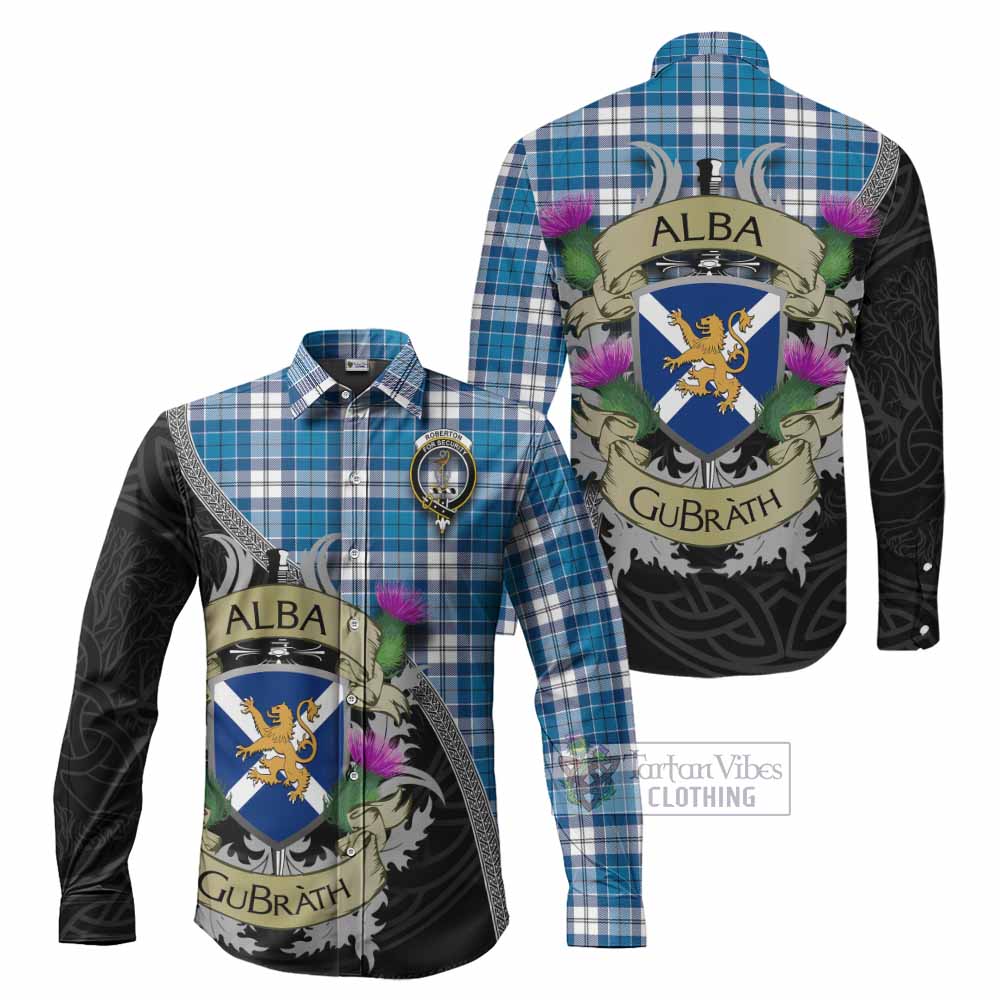 Roberton Tartan Family Crest Long Sleeve Button Shirt Lion Rampant Royal Thistle Shield Celtic Inspired - Tartan Vibes Clothing