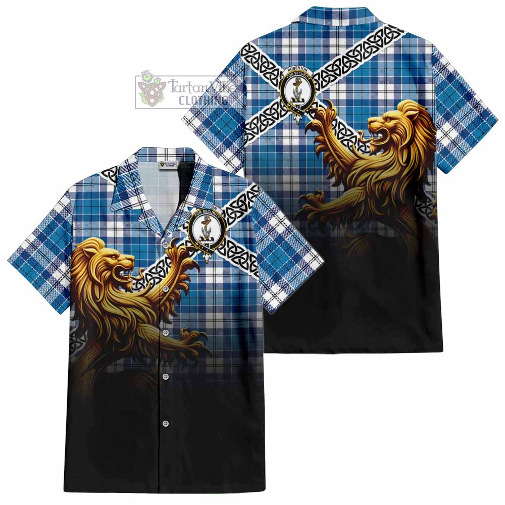 Roberton Crest Tartan Hawaiian Shirt with Golden Lion Emblem Celtic Style - Tartan Vibes Clothing