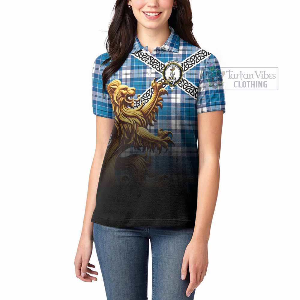 Roberton Crest Tartan Women's Polo Shirt with Golden Lion Emblem Celtic Style - Tartan Vibes Clothing