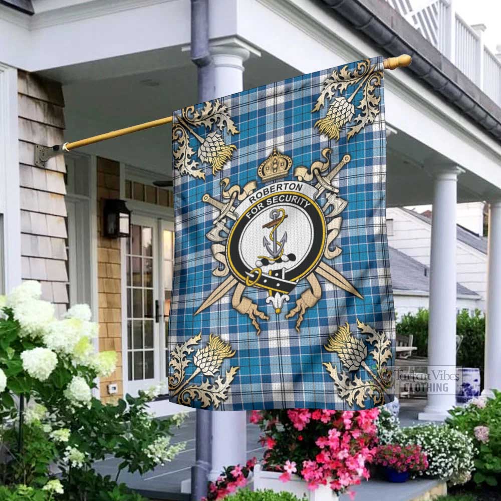 Roberton Tartan Garden Flag with Family Crest and Golden Thistle Crossed Sword Design - Tartan Vibes Clothing