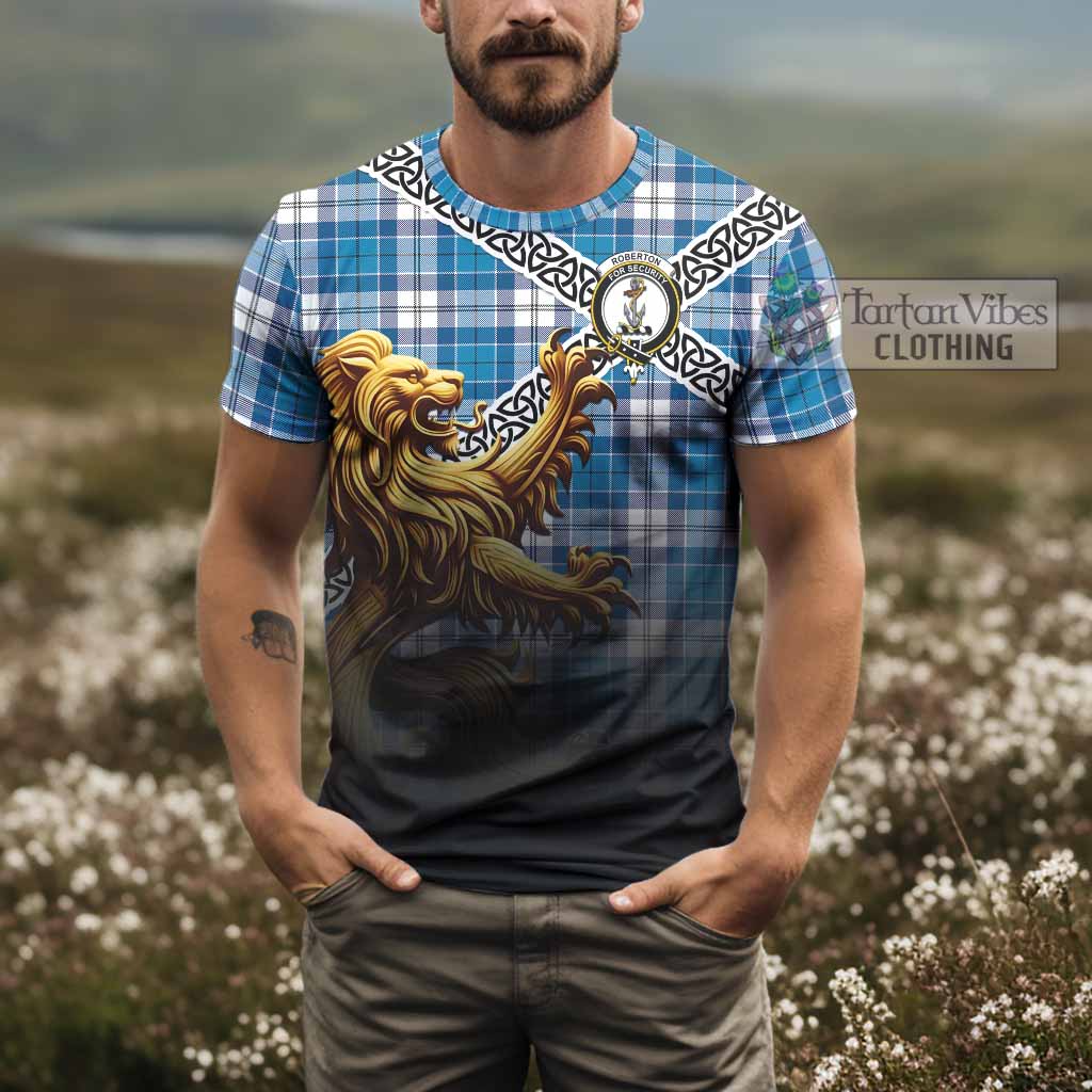 Roberton Crest Tartan T-Shirt with Golden Lion Emblem Celtic Style - Tartan Vibes Clothing