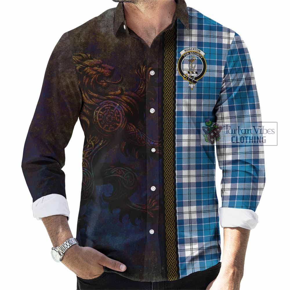Tartan Vibes Clothing Roberton Tartan Family Crest Long Sleeve Button Shirt Alba Gu Brath Be Brave Lion Ancient Style