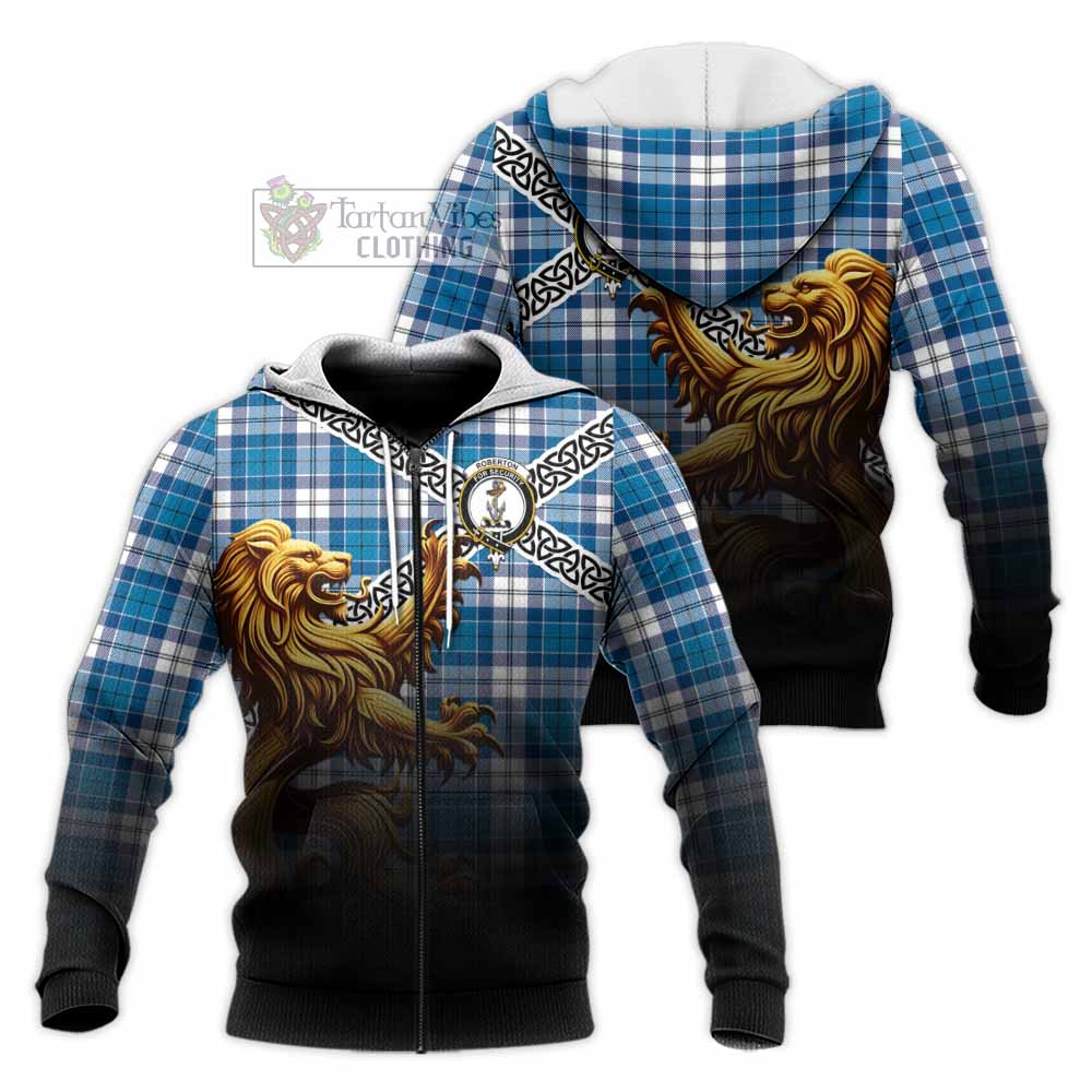 Roberton Crest Tartan Knitted Hoodie with Golden Lion Emblem Celtic Style Unisex Knitted Zip Hoodie - Tartan Vibes Clothing