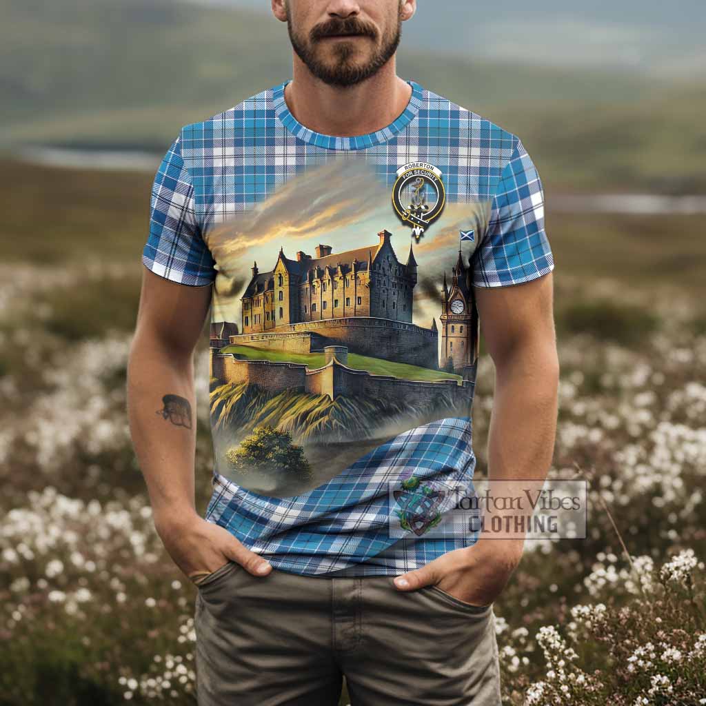 Roberton Tartan Family Crest T-Shirt with Scottish Ancient Castle Style - Tartan Vibes Clothing