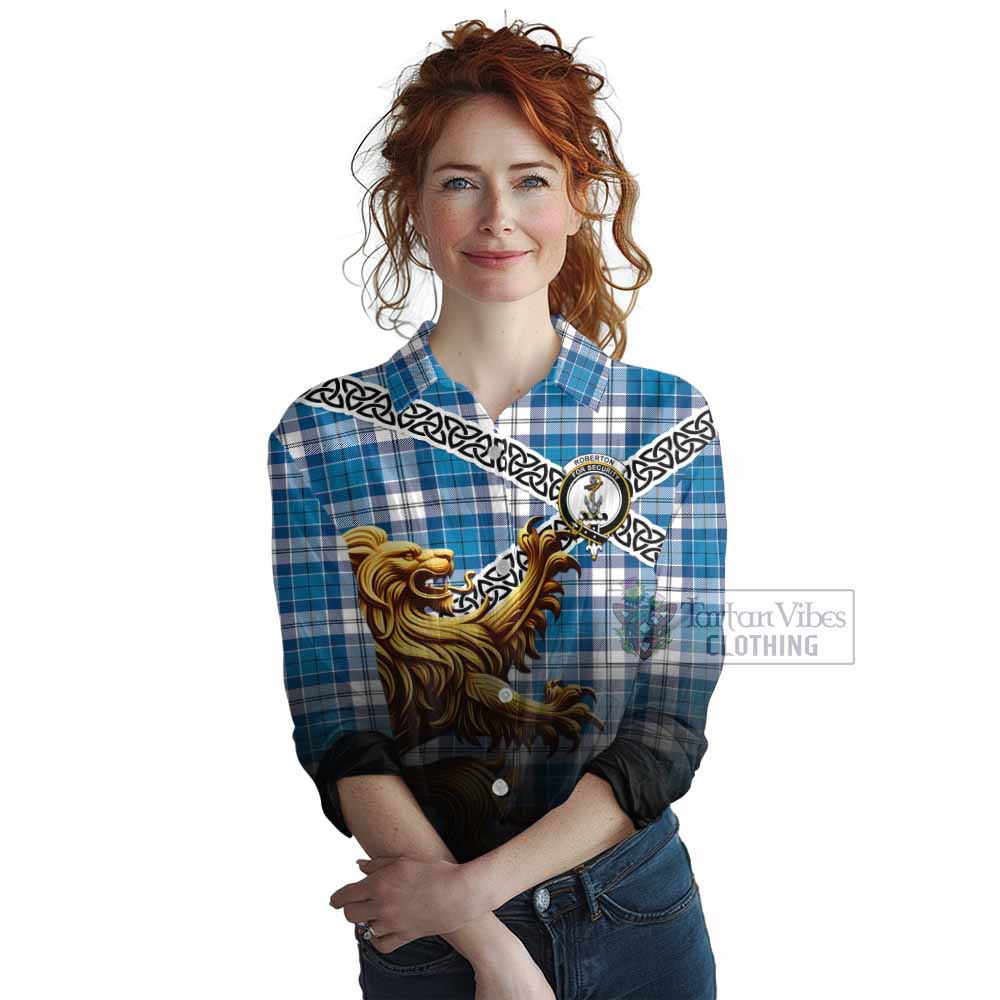 Roberton Crest Tartan Women's Casual Shirt with Golden Lion Emblem Celtic Style - Tartan Vibes Clothing