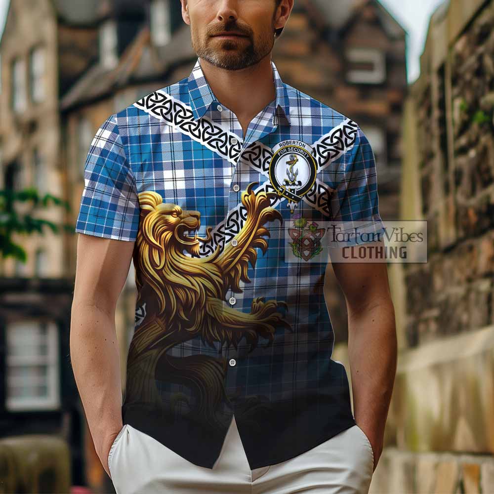Roberton Crest Tartan Hawaiian Shirt with Golden Lion Emblem Celtic Style - Tartan Vibes Clothing