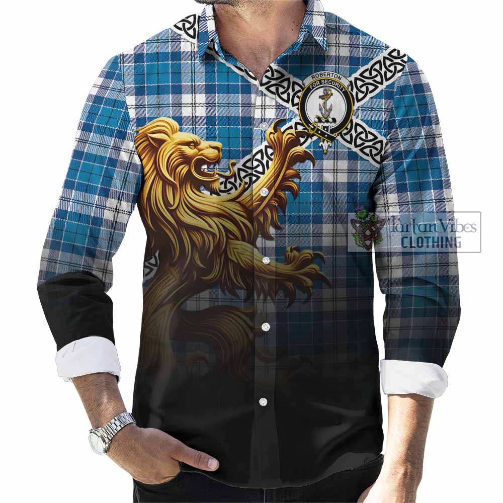 Roberton Crest Tartan Long Sleeve Button Shirt with Golden Lion Emblem Celtic Style - Tartan Vibes Clothing