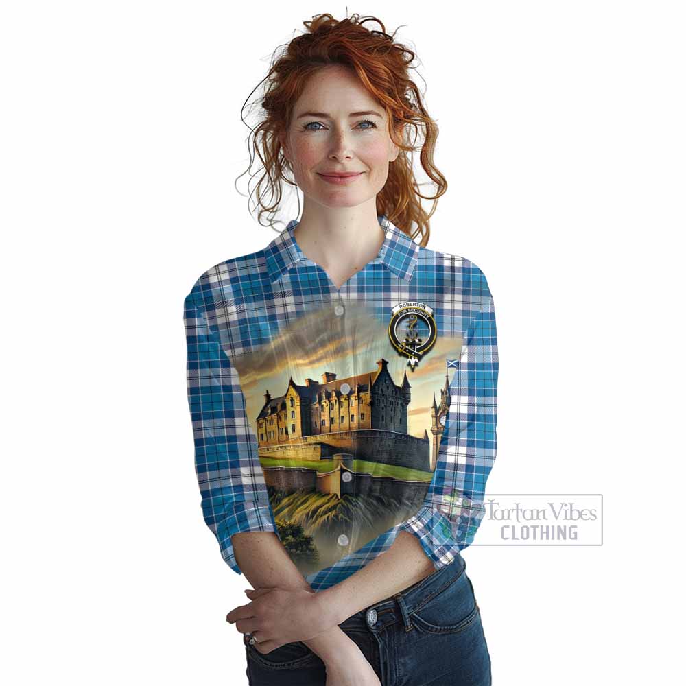 Roberton Tartan Family Crest Women's Casual Shirt with Scottish Ancient Castle Style - Tartan Vibes Clothing