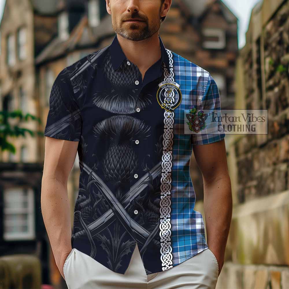 Roberton Tartan Hawaiian Shirt with Family Crest Cross Sword Thistle Celtic Vibes - Tartan Vibes Clothing