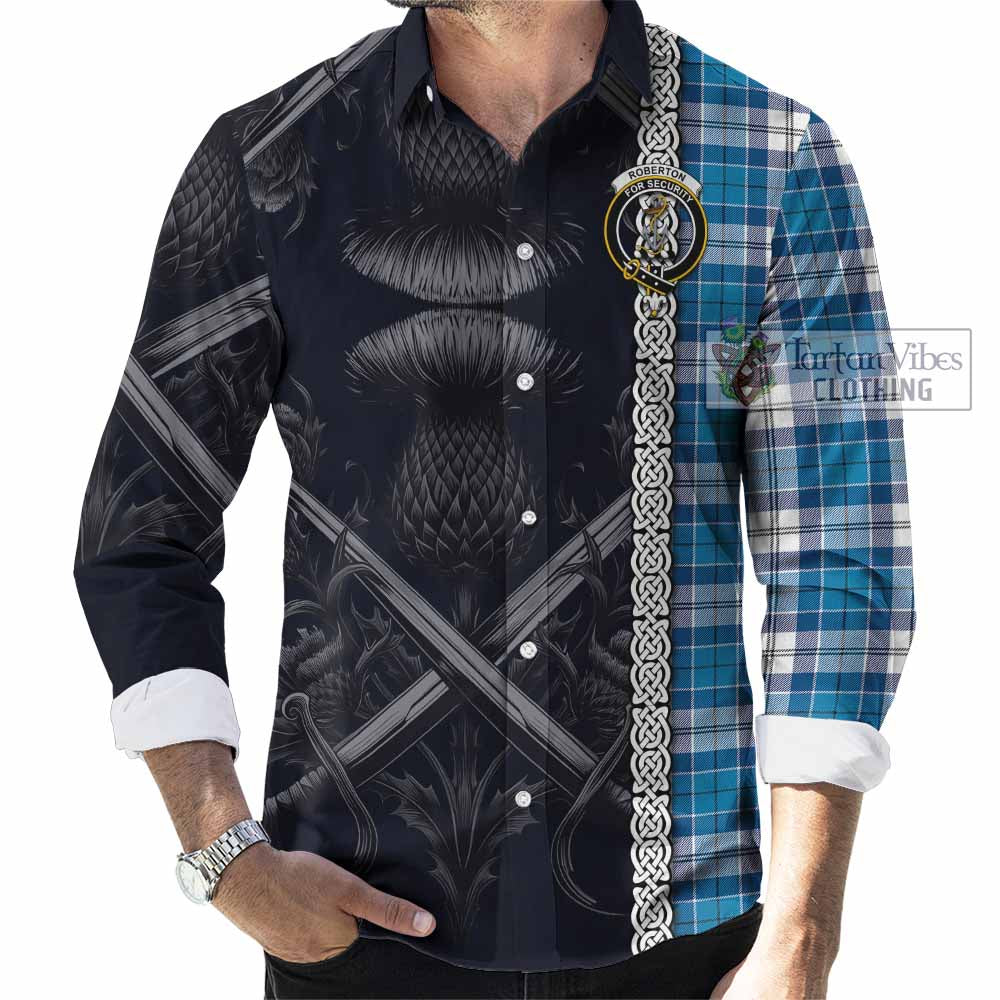 Tartan Vibes Clothing Roberton Tartan Long Sleeve Button Shirt with Family Crest Cross Sword Thistle Celtic Vibes