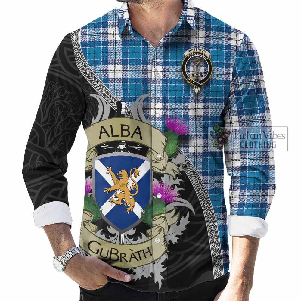 Roberton Tartan Family Crest Long Sleeve Button Shirt Lion Rampant Royal Thistle Shield Celtic Inspired - Tartan Vibes Clothing