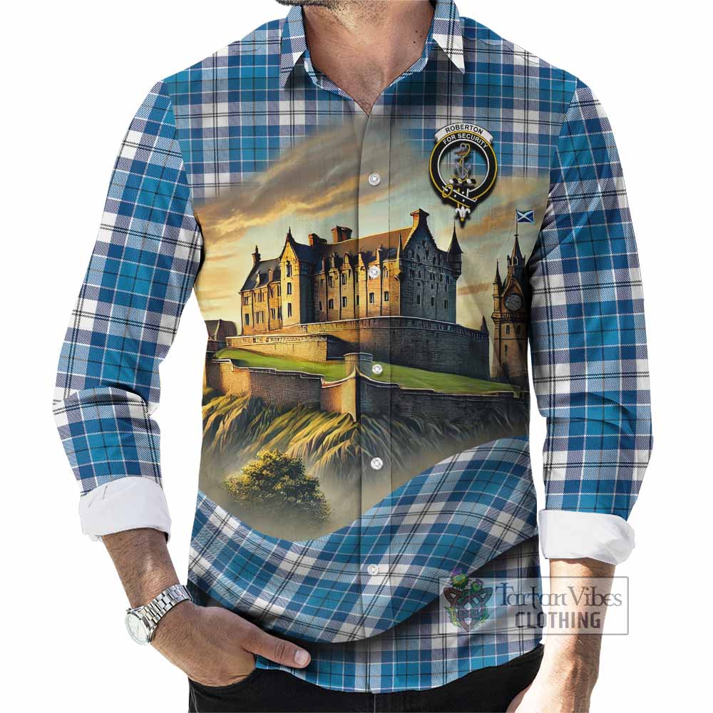 Tartan Vibes Clothing Roberton Tartan Family Crest Long Sleeve Button Shirt with Scottish Ancient Castle Style
