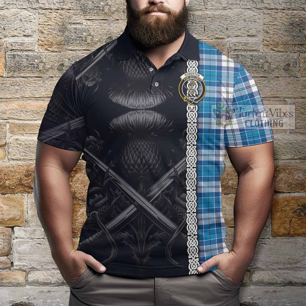 Roberton Tartan Polo Shirt with Family Crest Cross Sword Thistle Celtic Vibes - Tartan Vibes Clothing