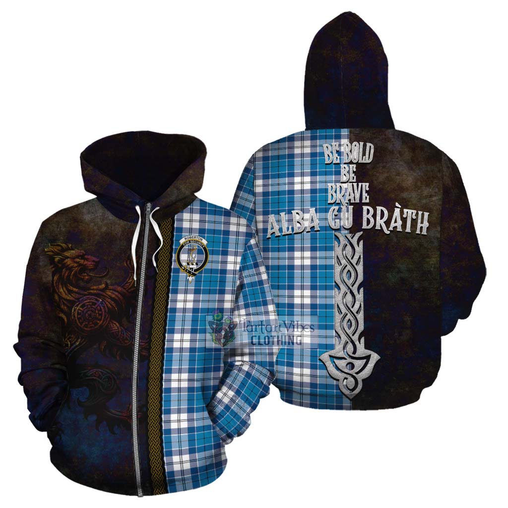 Tartan Vibes Clothing Roberton Tartan Family Crest Cotton Hoodie Alba Gu Brath Be Brave Lion Ancient Style