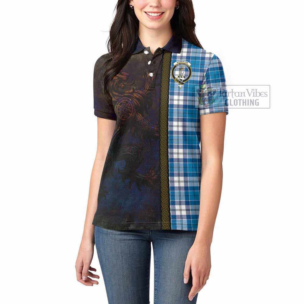 Tartan Vibes Clothing Roberton Tartan Family Crest Women's Polo Shirt Alba Gu Brath Be Brave Lion Ancient Style