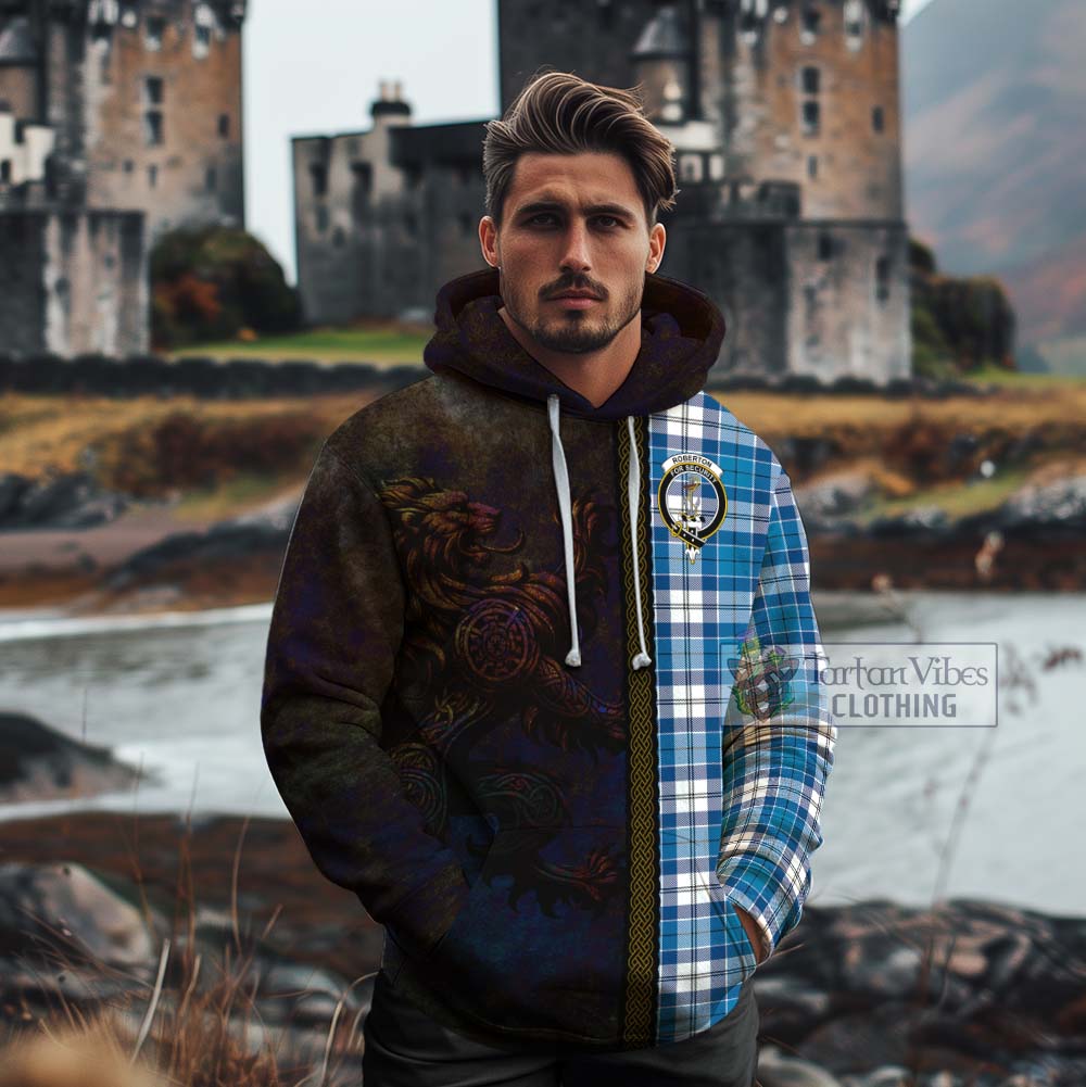 Tartan Vibes Clothing Roberton Tartan Family Crest Cotton Hoodie Alba Gu Brath Be Brave Lion Ancient Style