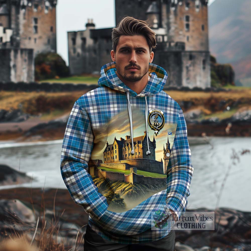 Roberton Tartan Family Crest Cotton Hoodie with Scottish Ancient Castle Style - Tartan Vibes Clothing