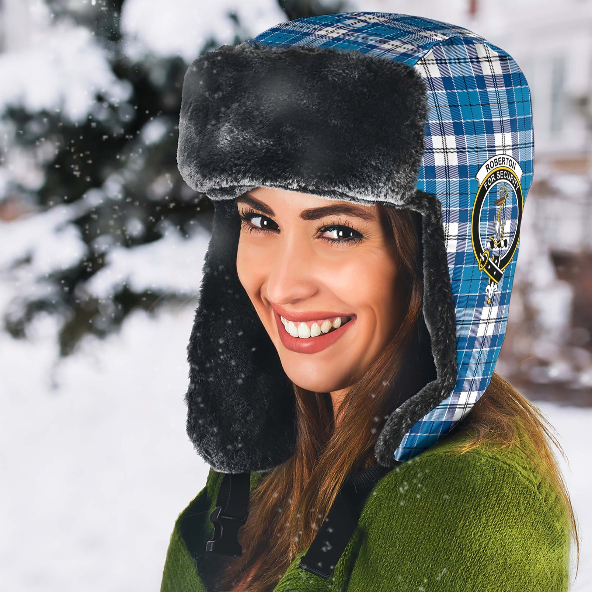 Roberton Tartan Winter Trapper Hat with Family Crest - Tartan Vibes Clothing
