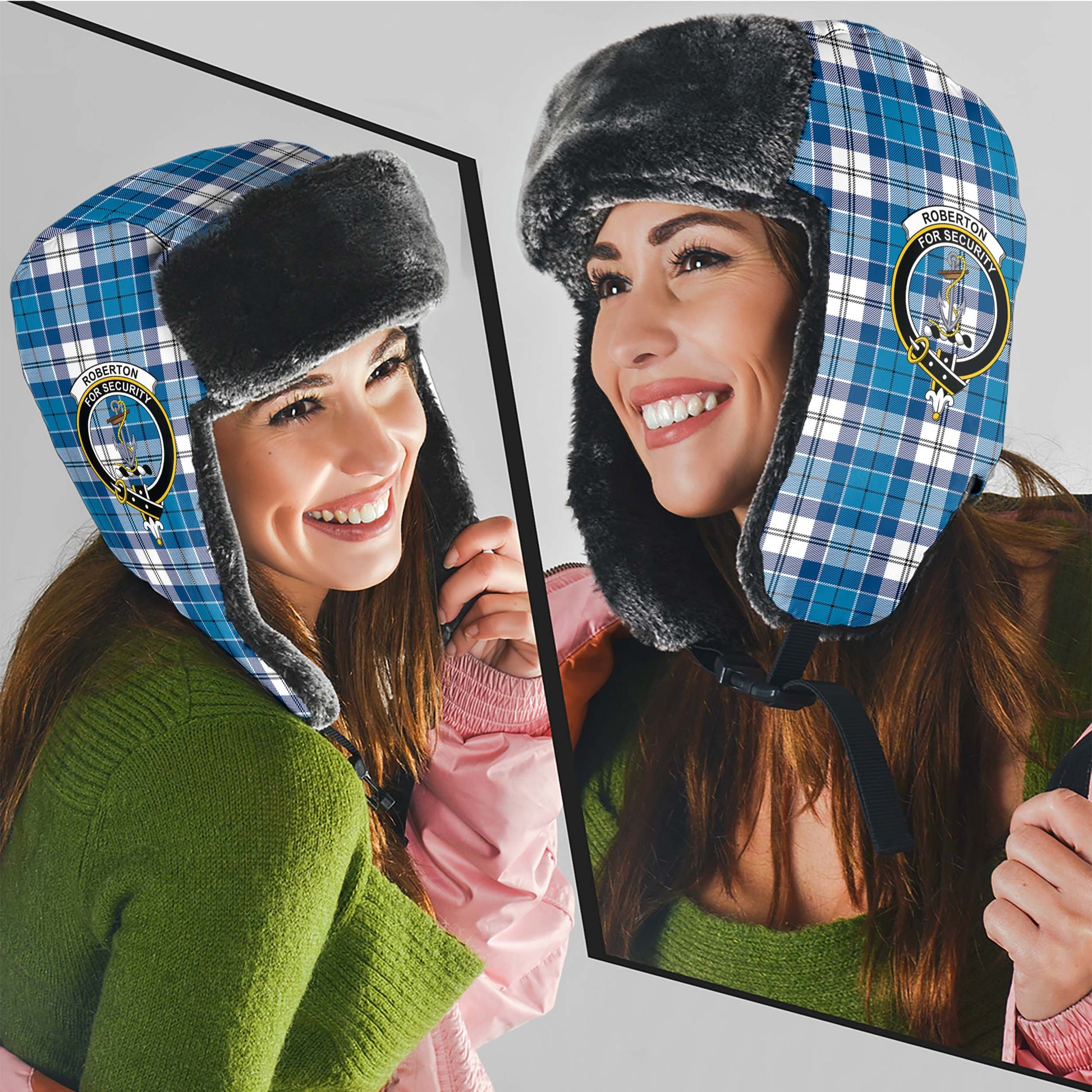 Roberton Tartan Winter Trapper Hat with Family Crest - Tartan Vibes Clothing