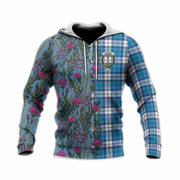 Roberton Family Crest Tartan Knitted Hoodie Scottish Thistle Flower Pattern Half Style - Tartan Vibes Clothing