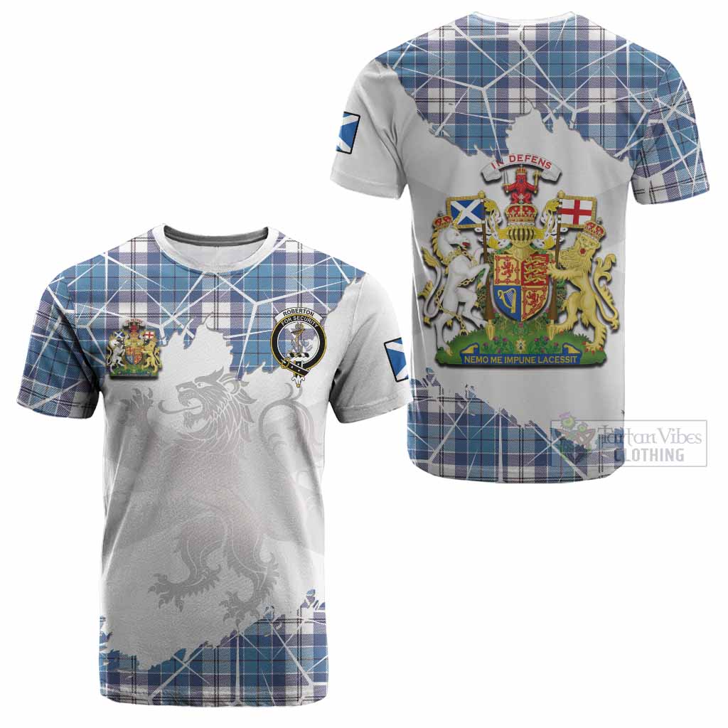 Roberton Tartan Cotton T-shirt with Family Crest and Lion Rampant Grunge Style