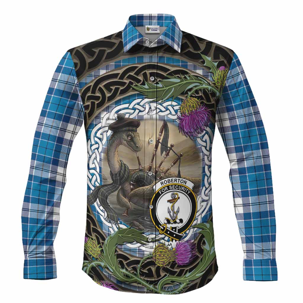 Roberton Tartan Crest Bagpipe Nessie Long Sleeve Button Shirts Scottish Loch Ness Monster Celtic Thistle
