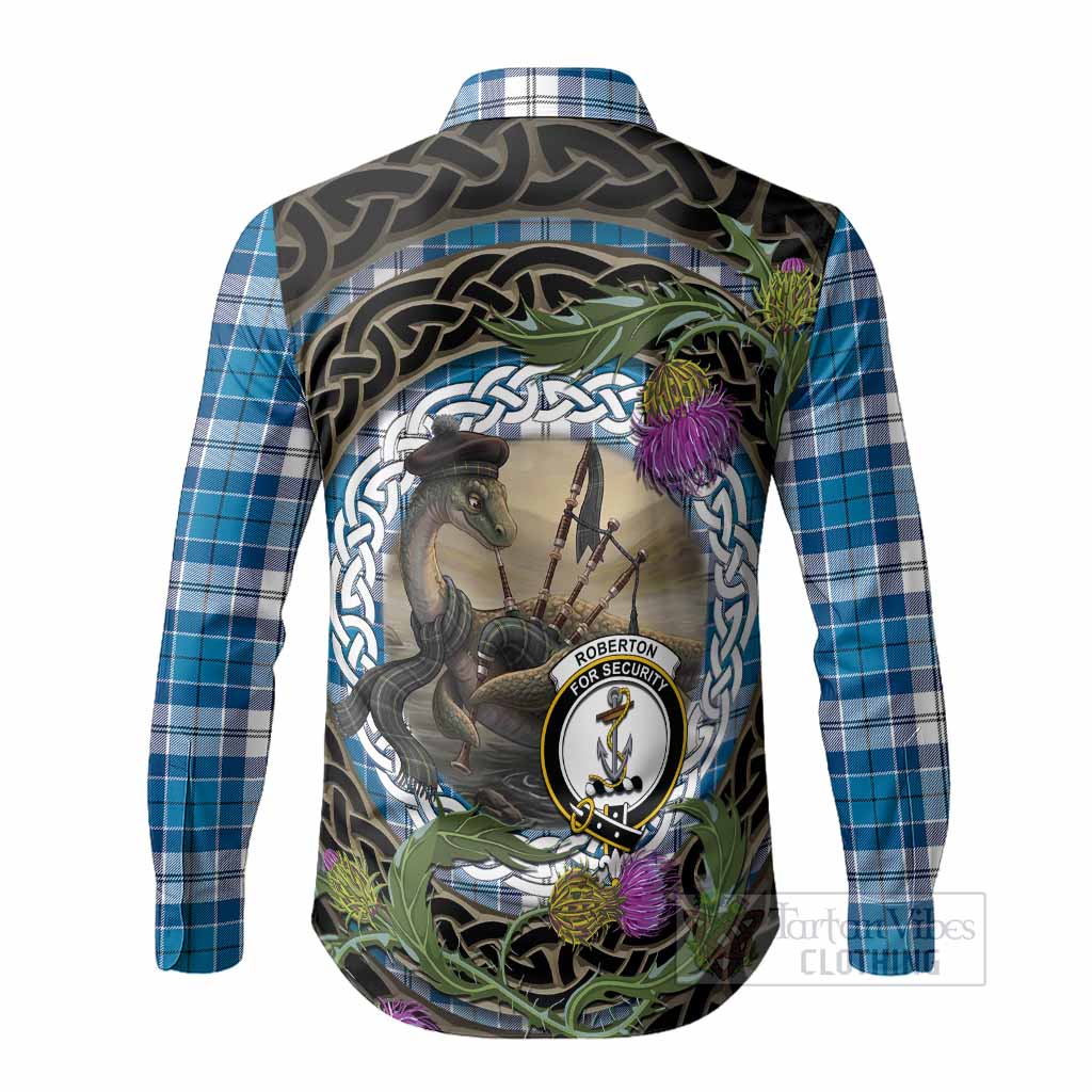 Roberton Tartan Crest Bagpipe Nessie Long Sleeve Button Shirts Scottish Loch Ness Monster Celtic Thistle