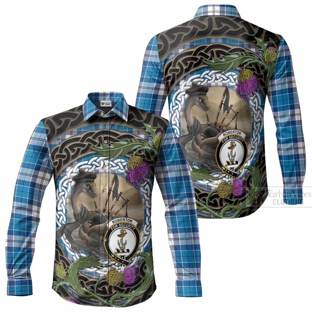 Roberton Tartan Crest Bagpipe Nessie Long Sleeve Button Shirts Scottish Loch Ness Monster Celtic Thistle
