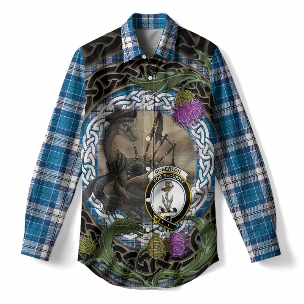 Roberton Tartan Crest Bagpipe Nessie Women Casual Shirt Scottish Loch Ness Monster Celtic Thistle