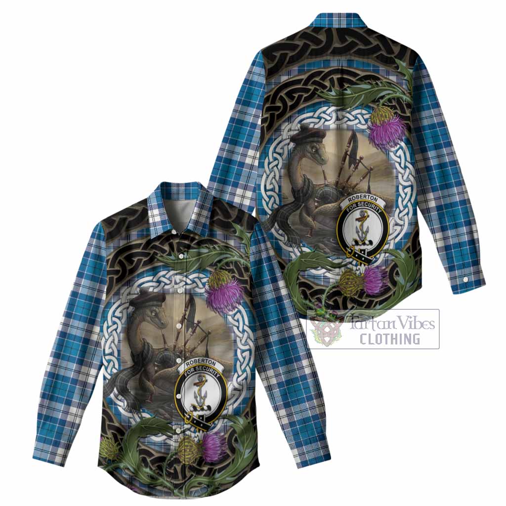 Roberton Tartan Crest Bagpipe Nessie Women Casual Shirt Scottish Loch Ness Monster Celtic Thistle