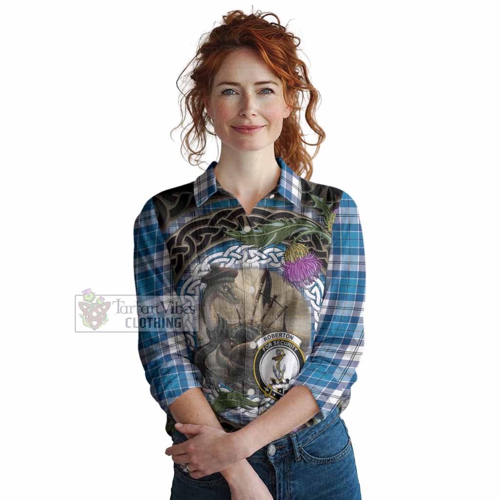 Roberton Tartan Crest Bagpipe Nessie Women Casual Shirt Scottish Loch Ness Monster Celtic Thistle