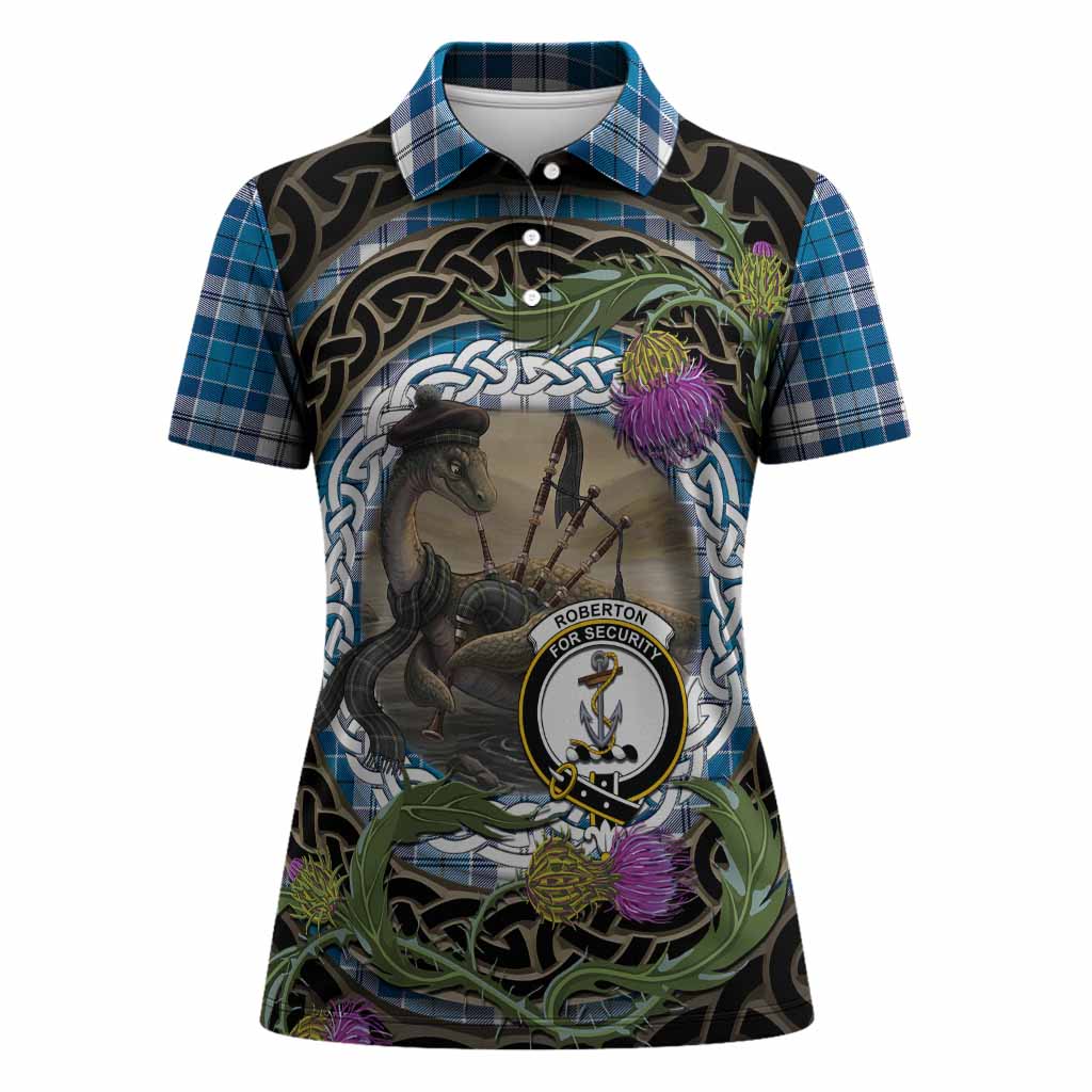 Roberton Tartan Crest Bagpipe Nessie Women Polo Shirt Scottish Loch Ness Monster Celtic Thistle