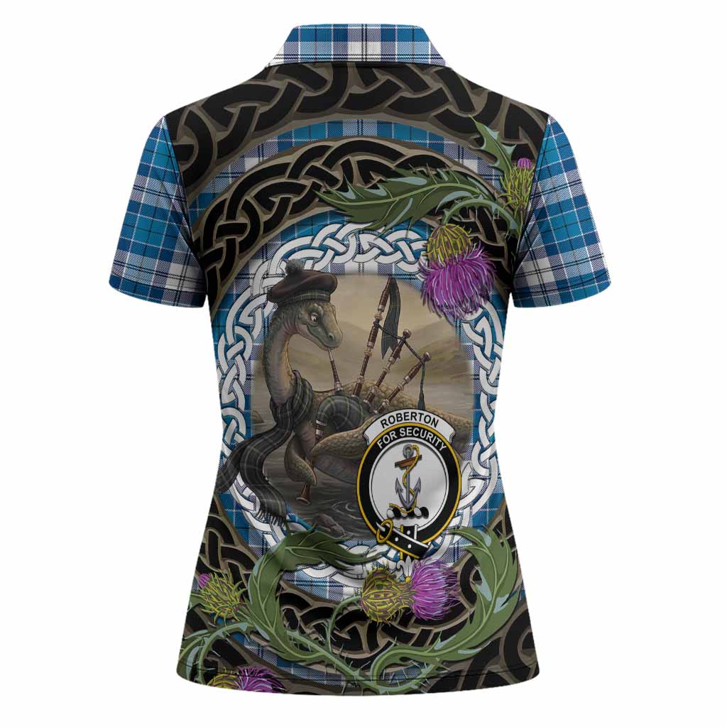 Roberton Tartan Crest Bagpipe Nessie Women Polo Shirt Scottish Loch Ness Monster Celtic Thistle