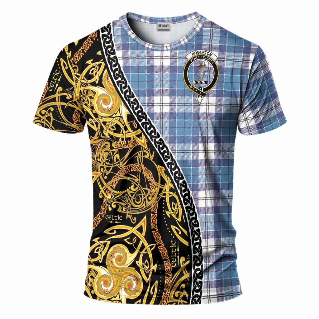 Roberton Tartan Crest T-Shirt Celtic Knot and Triple Trickle Spiral Symbols