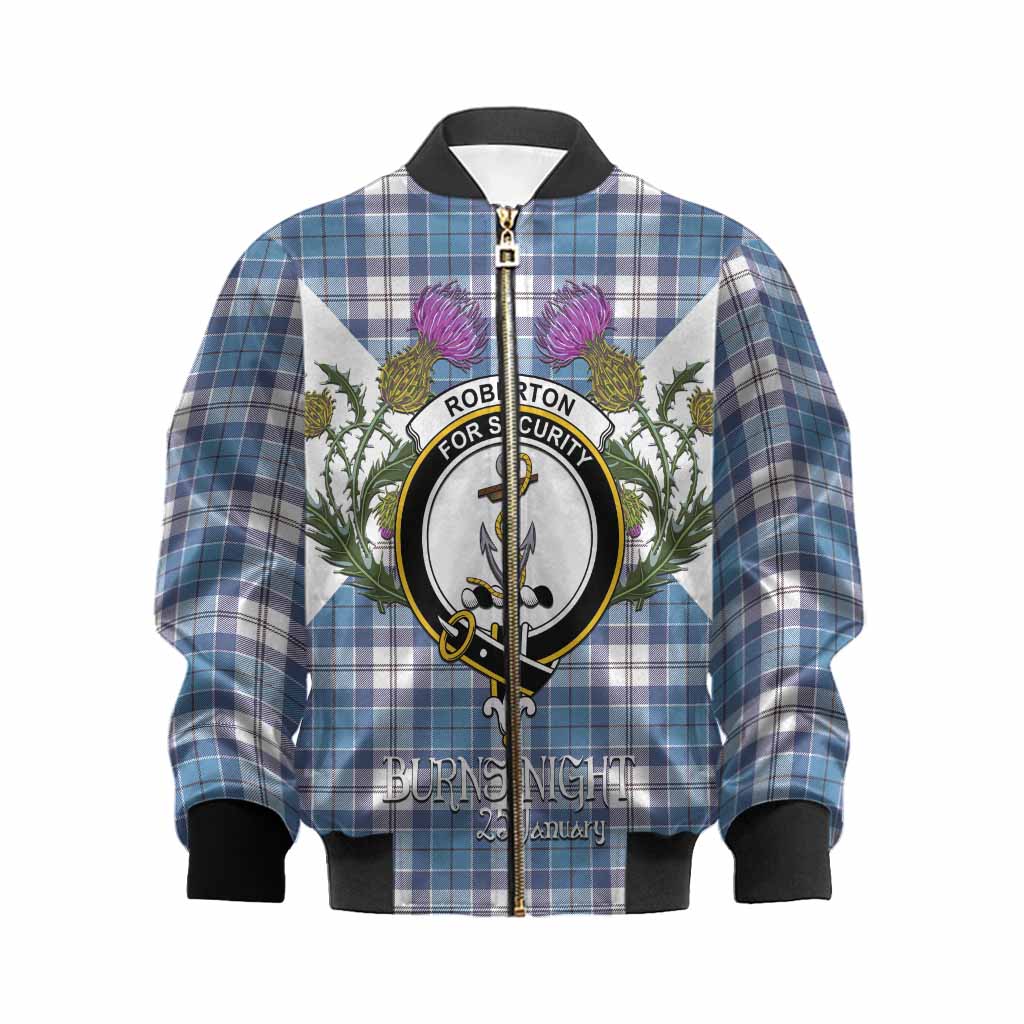 Roberton Tartan Family Crest Kid Bomber Jacket Scottish Burns Night Thistle Floral