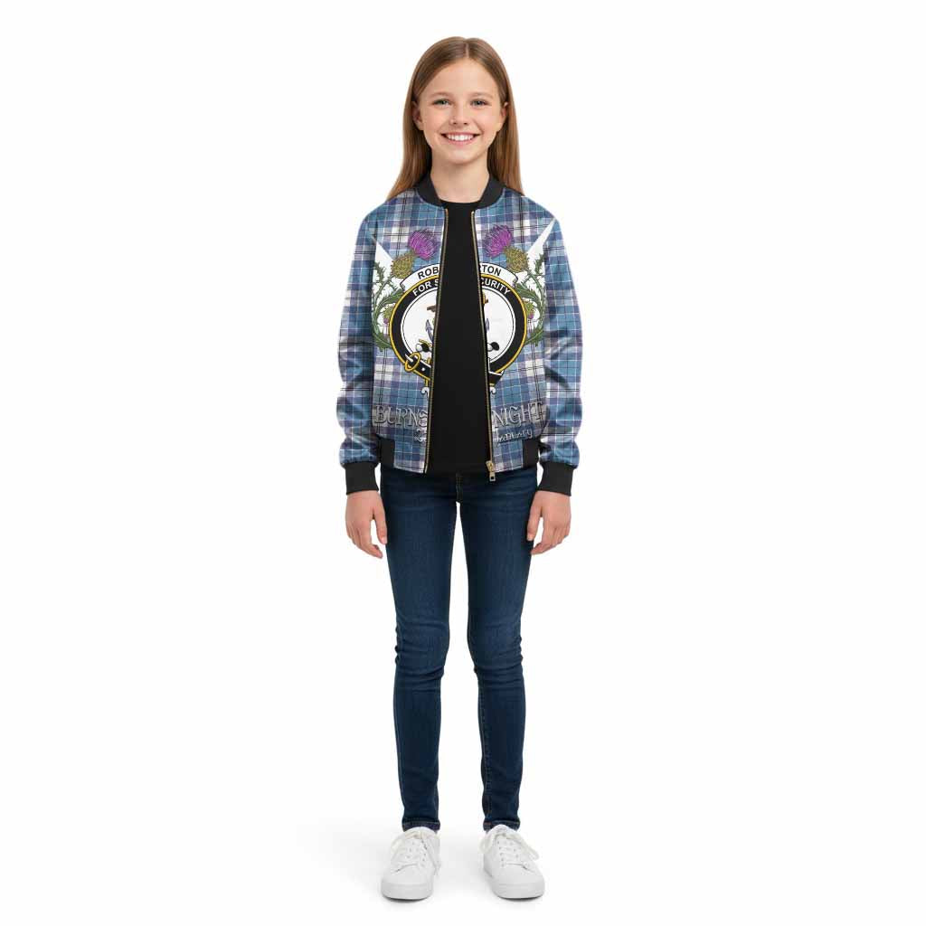 Roberton Tartan Family Crest Kid Bomber Jacket Scottish Burns Night Thistle Floral